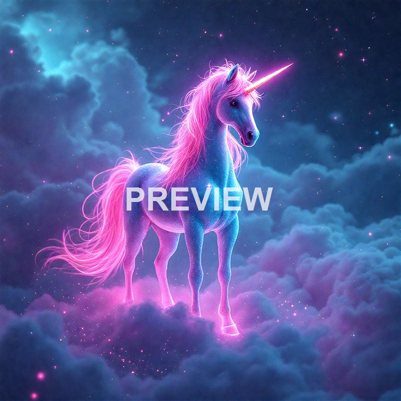 A fantastical, glowing unicorn with a pink mane and a shimmering blue body standing among clouds in a starry, cosmic sky, with a glowing horn and a radiant star on its forehead.